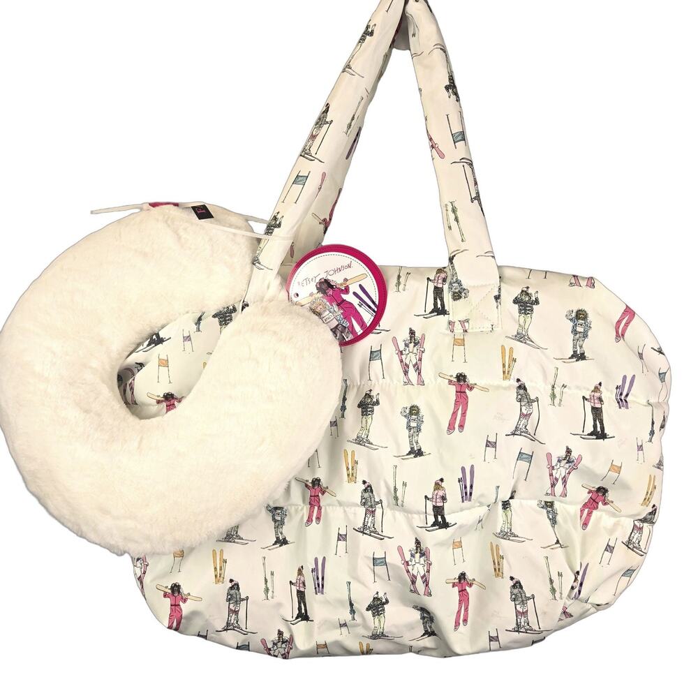 Betsey Johnson Apres Ski Large TRAVEL Tote Bag White Skiers Theme FUR PILLOW NEW